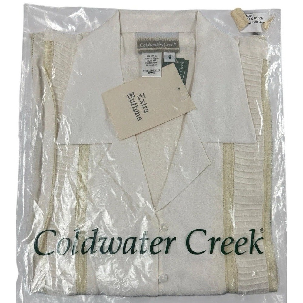 COLDWATER CREEK Women's 8 100% Silk Blouse Ivory Pintuck Lace Trim M1098 NOS NEW
